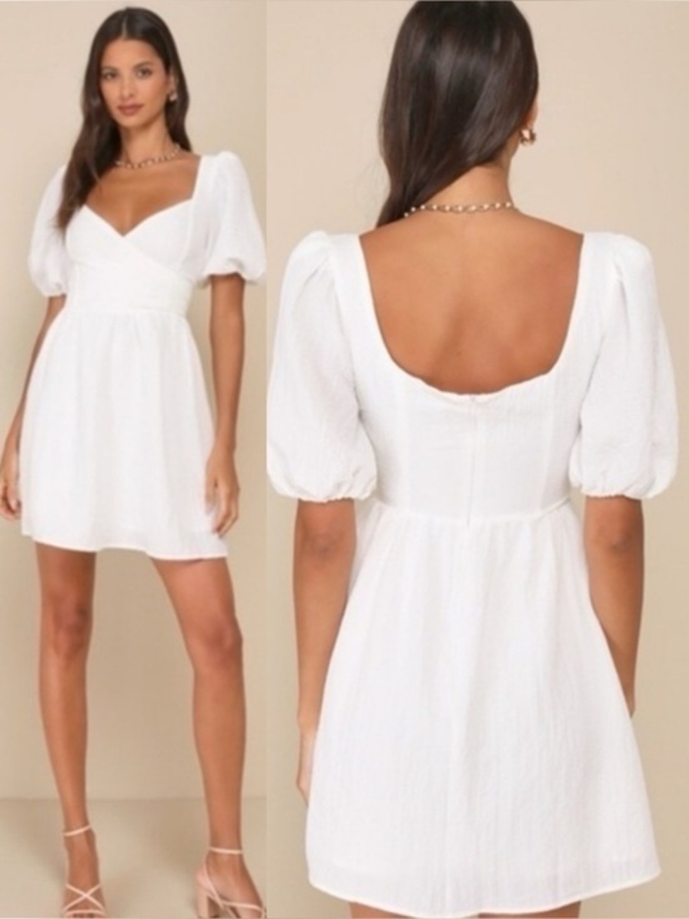 NWOT Lulu’s Little Bit In Love White Surplice Puff Sleeve Mini Dress Extra Small